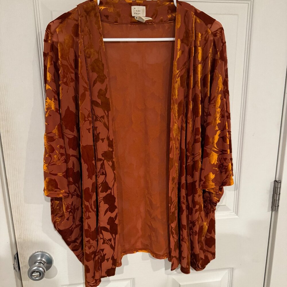 Earthy Orange Burnout Velvet Floral Kimono Shawl